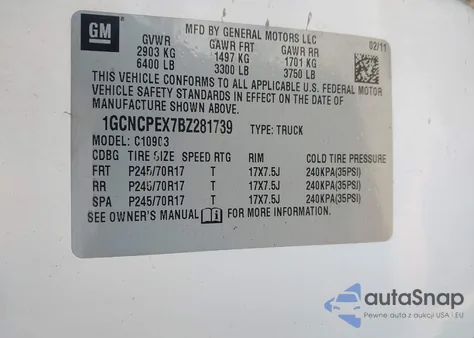 2011 Chevrolet Silverado 1500 Work Truck z USA, uszkodzony, nr VIN 1GCNCPEX7BZ281739